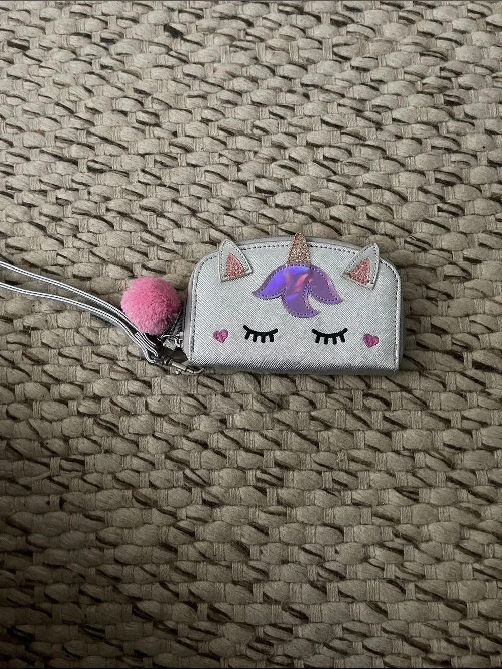 Kids Silver Unicorn Wristlet with Pink Pom Pom Charm